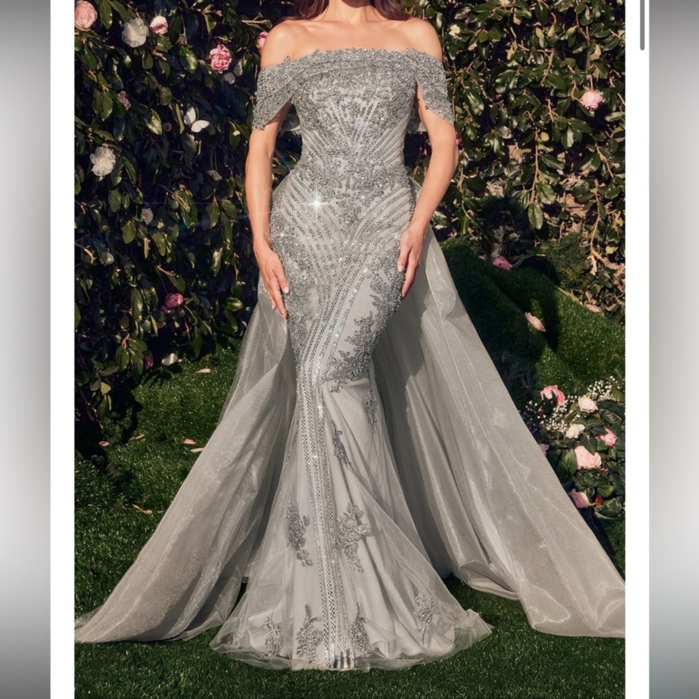 Andrea & Leo Couture
STYLE #MA103  Sz 10 Elegant Off-Shoulder Gray Evening Gown